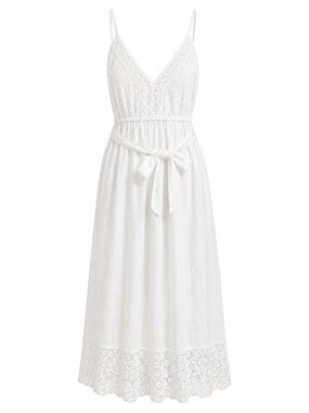 White Waves Womens White Cotton Eyelet Midi Dress With Adjustable Straps & Belt
